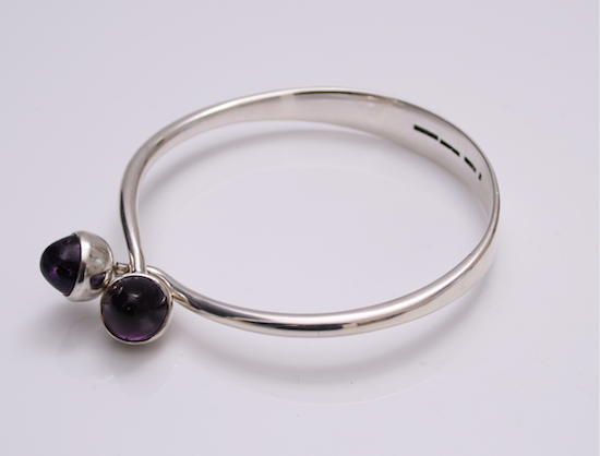 Bent Knudsen Danish Silver Jewelry, Bent Knudsen, danish silver, danish jewellery, georg jensen silver, georg jensen uk at Grasilver.com, buy Bangle Designed by Annie & Bent Knudsen Kolding Denmark 1956 Sterling Silver with Amethyst Cabochons Handmade Design No 5.  Signed Bent K. 31 Grams